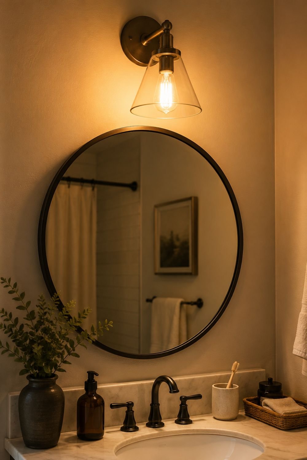 warm lighting guest bathroom mirror