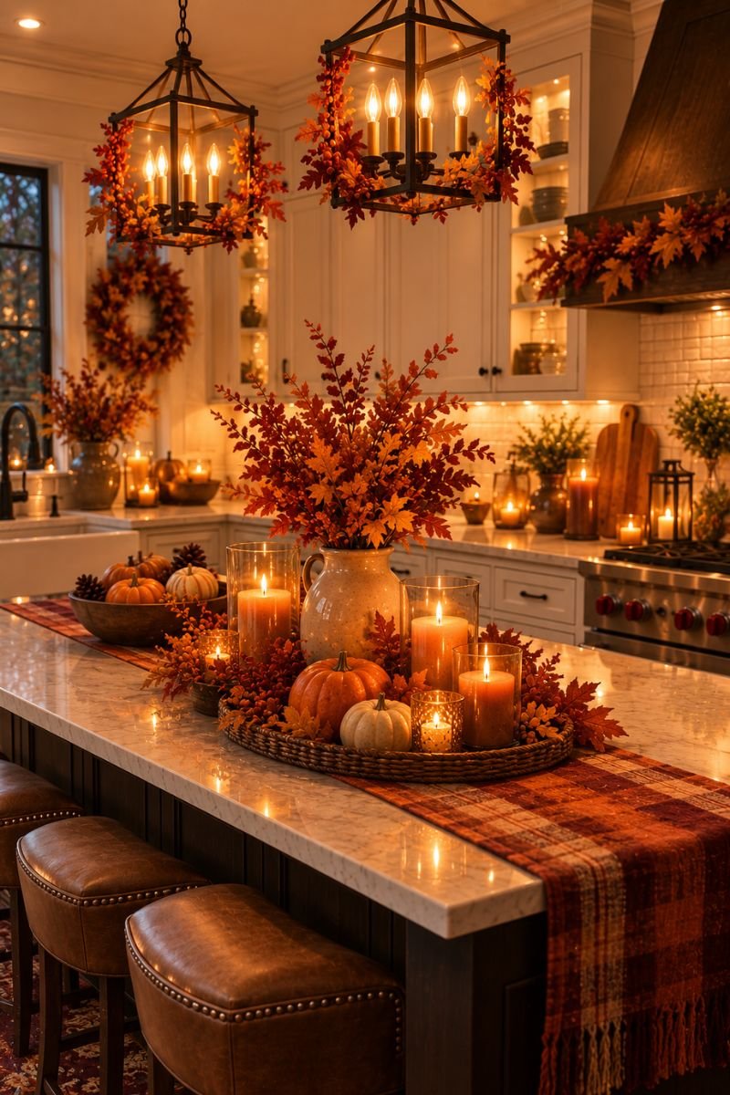 Warm ambient lighting creating cozy Thanksgiving kitchen