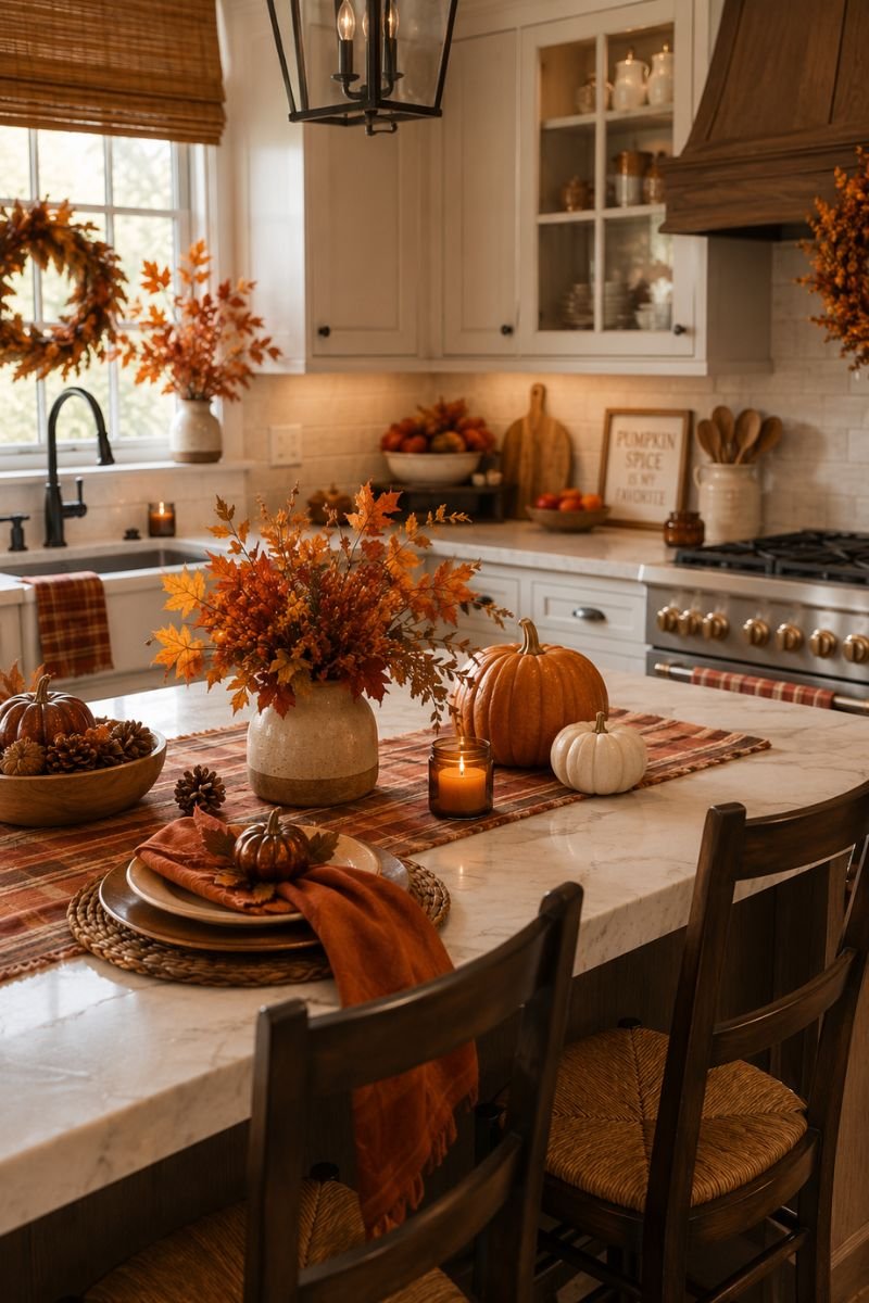 Warm fall colors layered throughout Thanksgiving kitchen