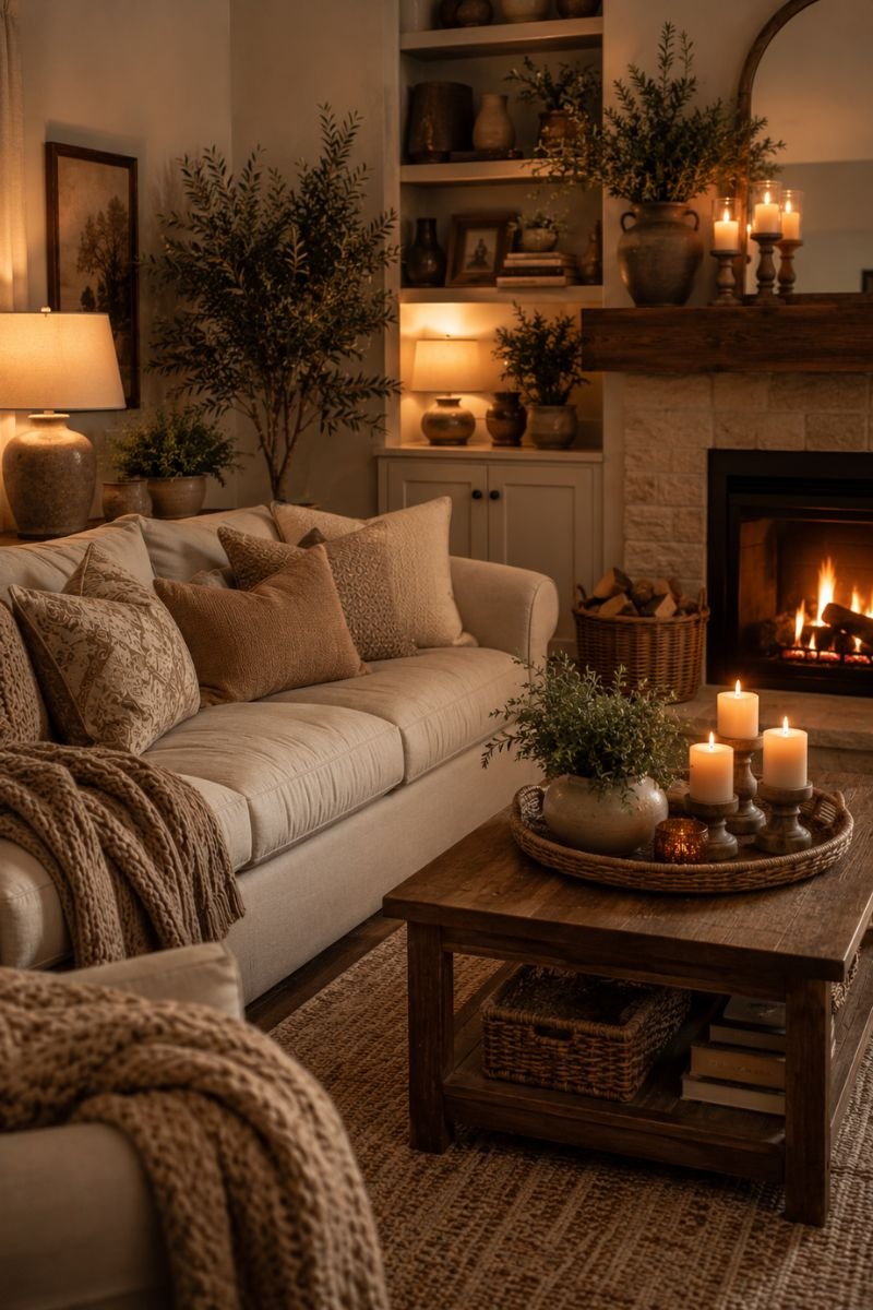 Warm neutral color palette creating cozy cohesive winter space