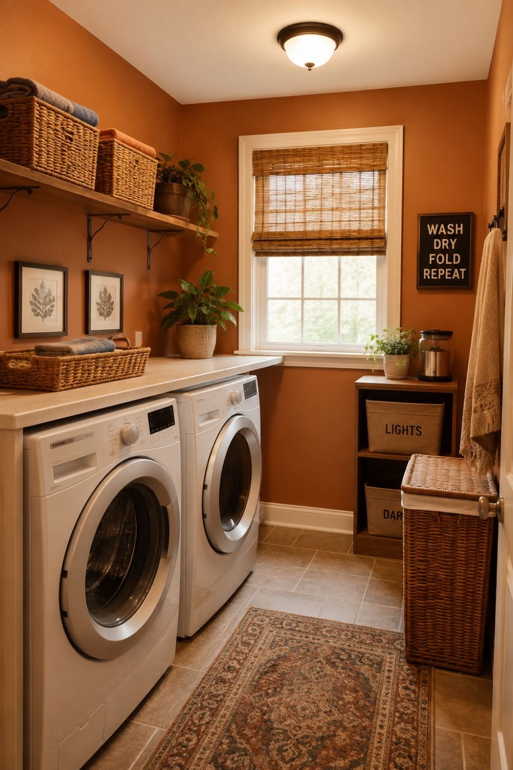 Warm painted walls creating clean aesthetic in laundry room