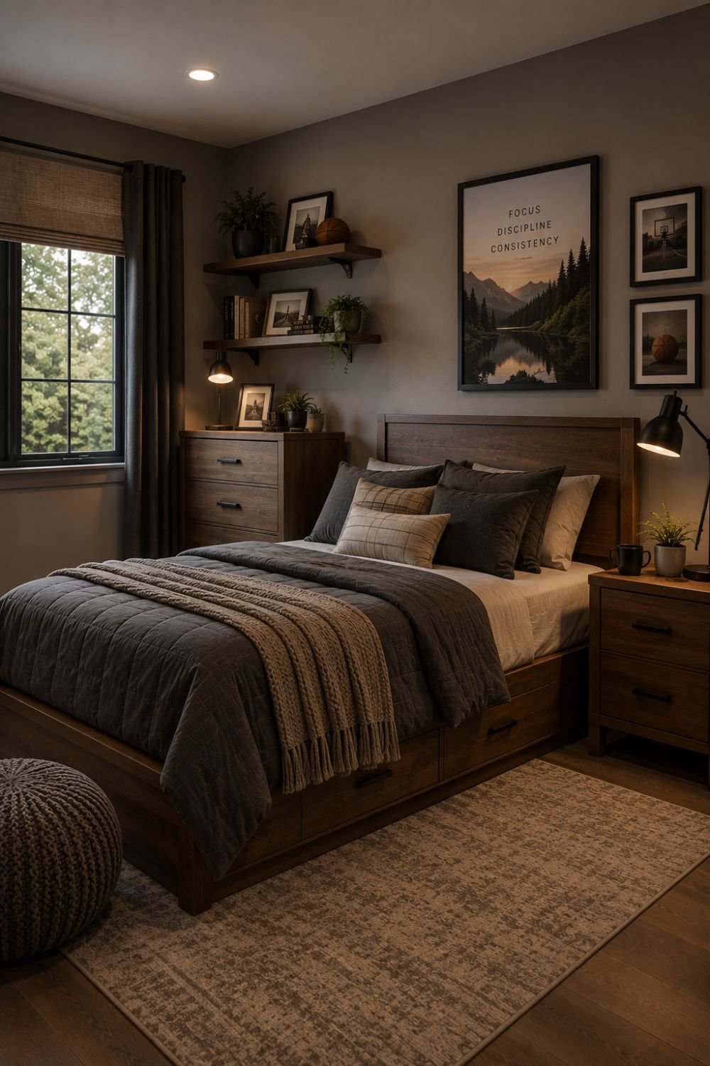 Warm taupe walls creating cozy sophisticated boys bedroom