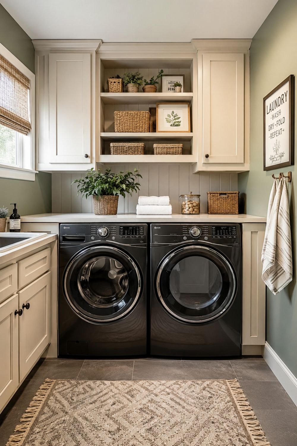 Washer and dryer styled as design focal point in laundry room