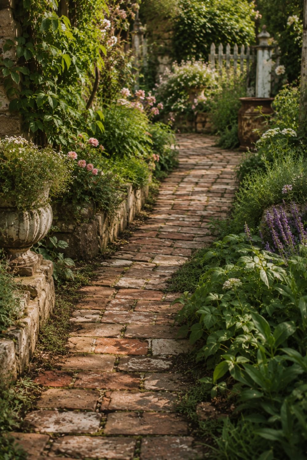 Weathered brick garden path creating vintage rustic walkway