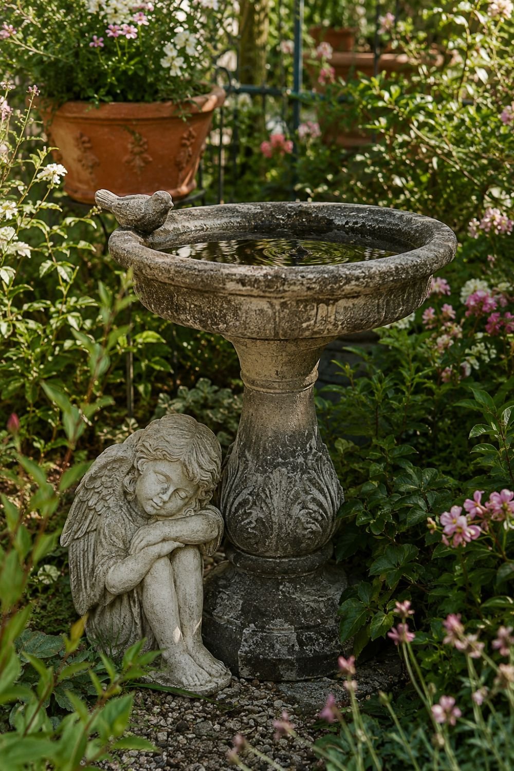 Weathered vintage garden statue in nostalgic backyard surrounded by plants
