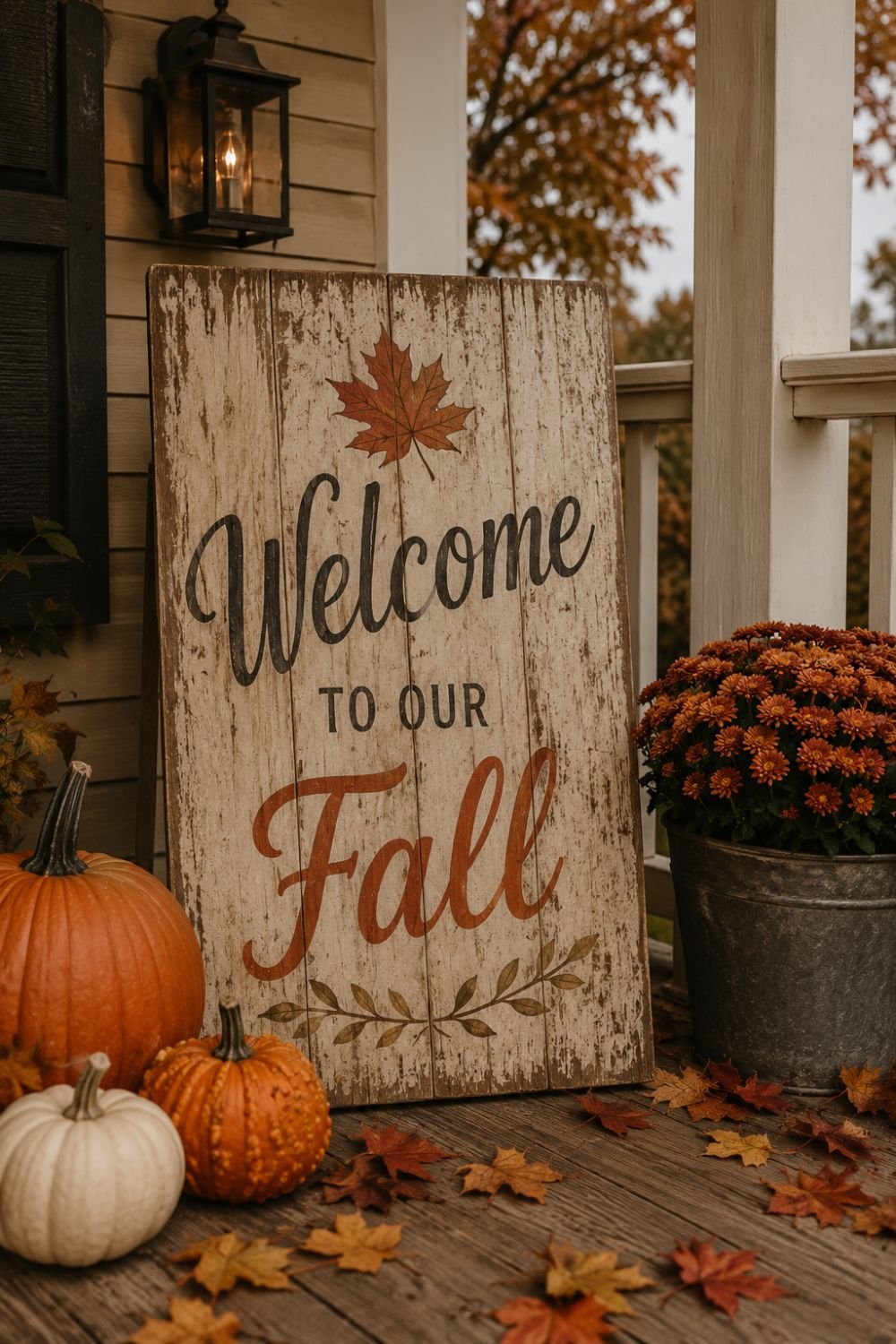 Weathered wooden welcome sign with fall message on farmhouse porch