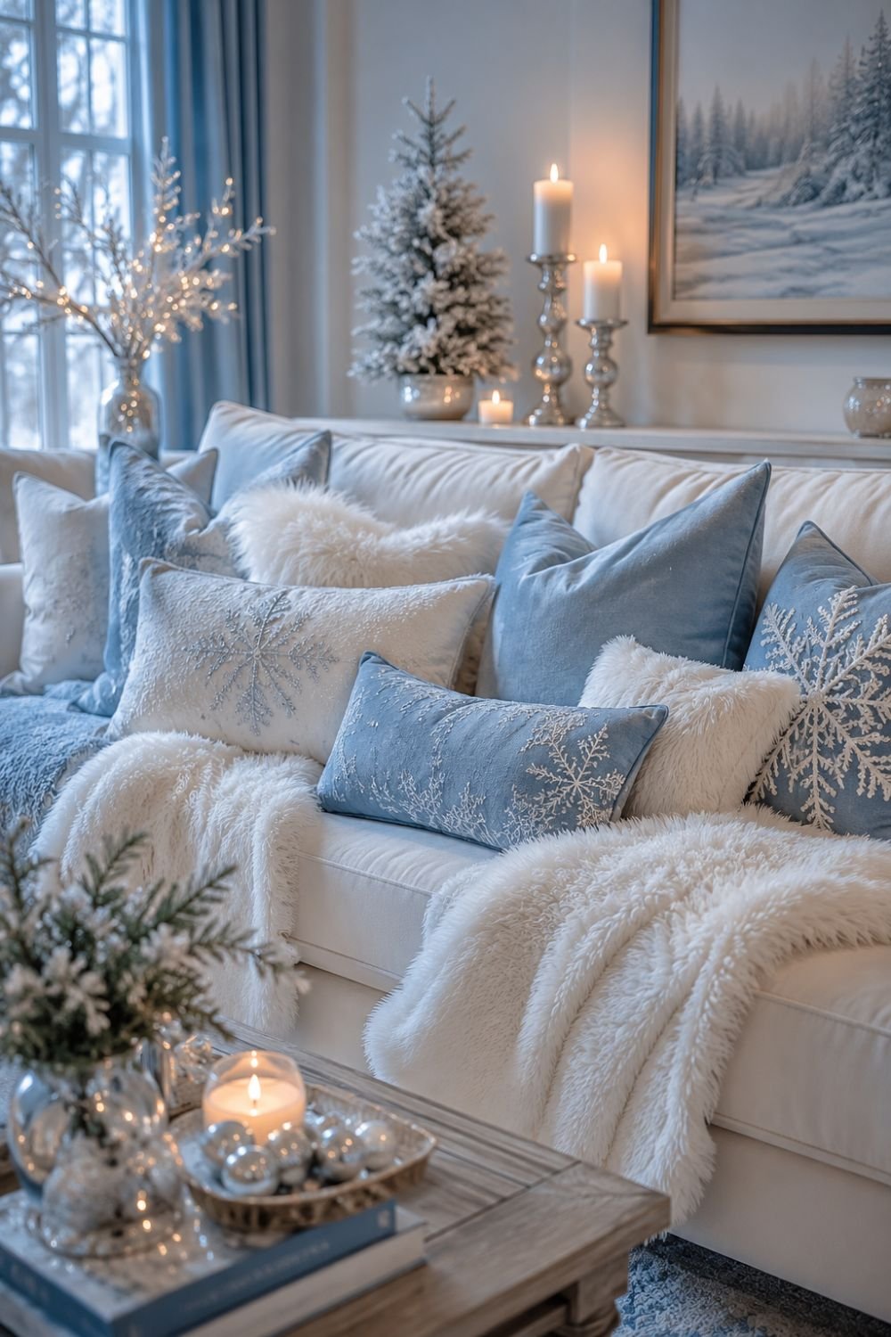 White and blue throw pillows on sofa creating winter atmosphere