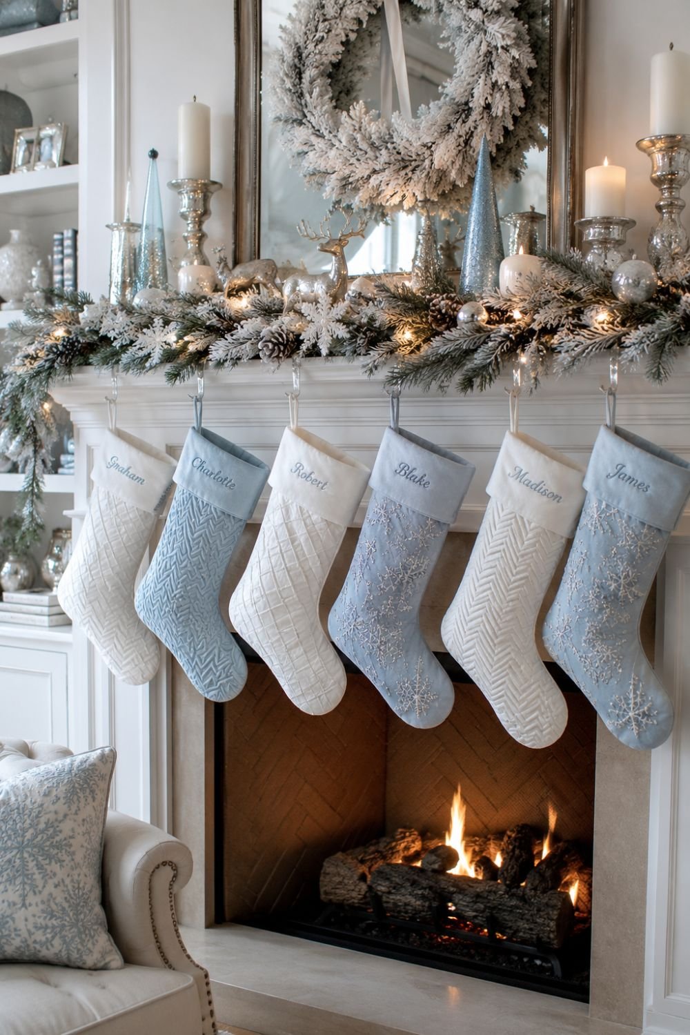 White and icy blue stockings on mantel creating winter display