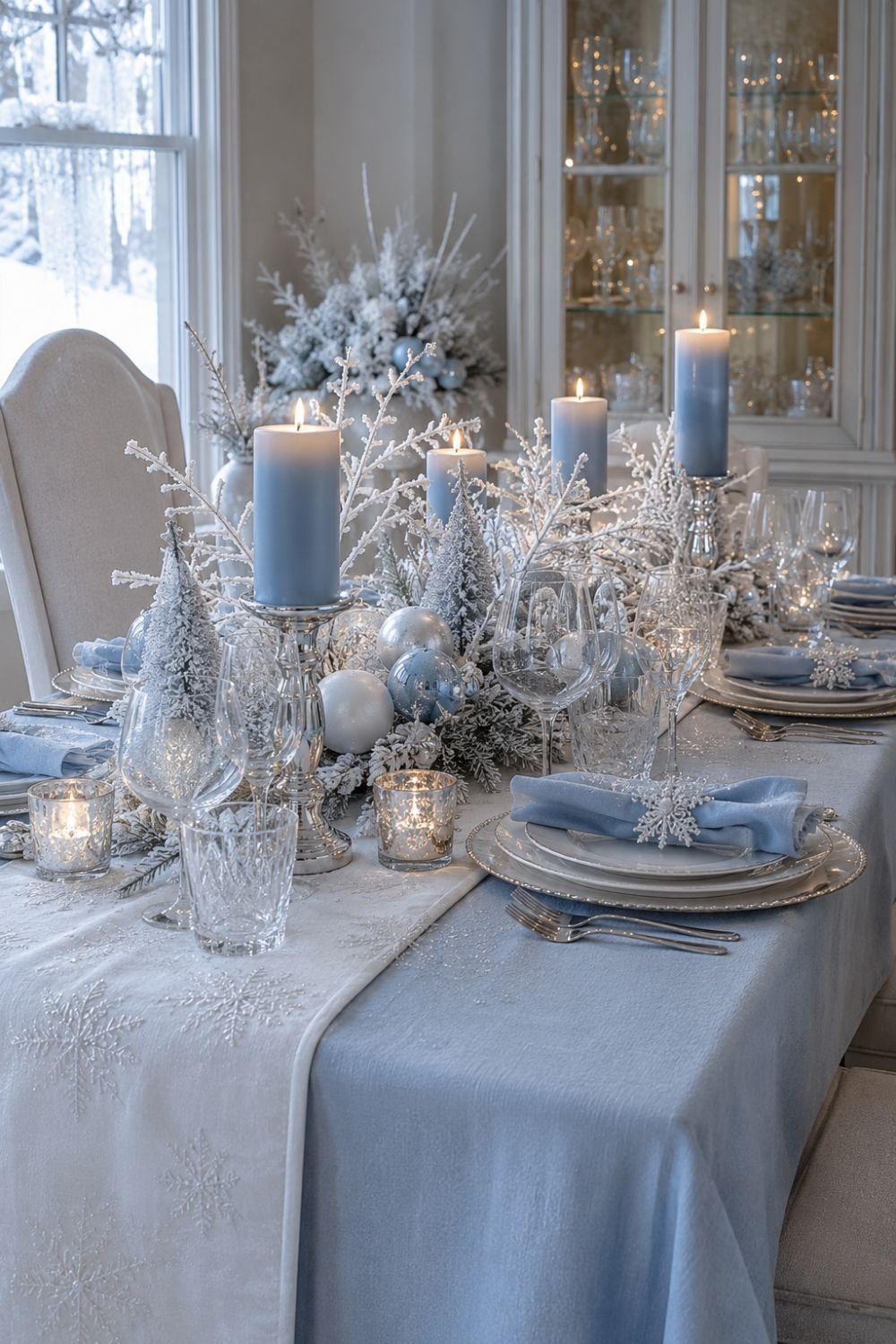 Winter wonderland tablescape in white and icy blue