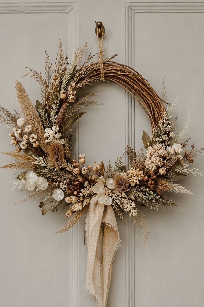 Winter wreath made from evergreen and dried flowers