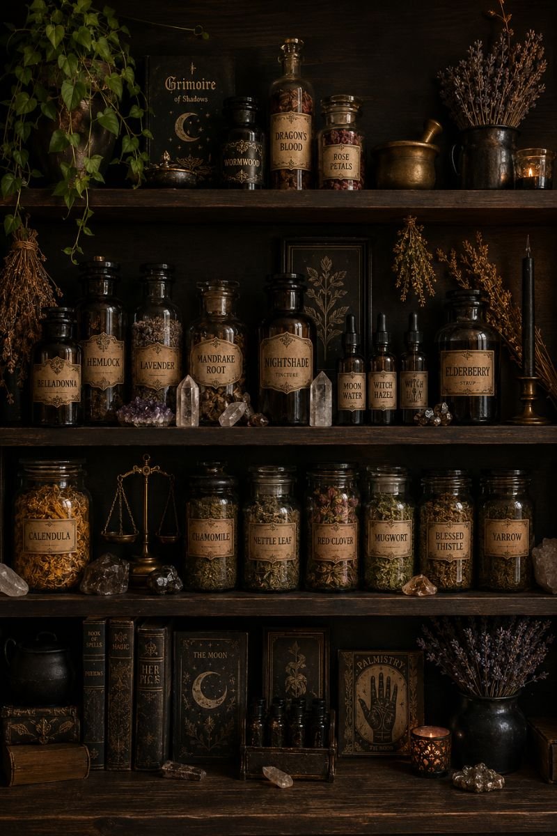 Witchy apothecary shelf with labeled bottles and dried herbs