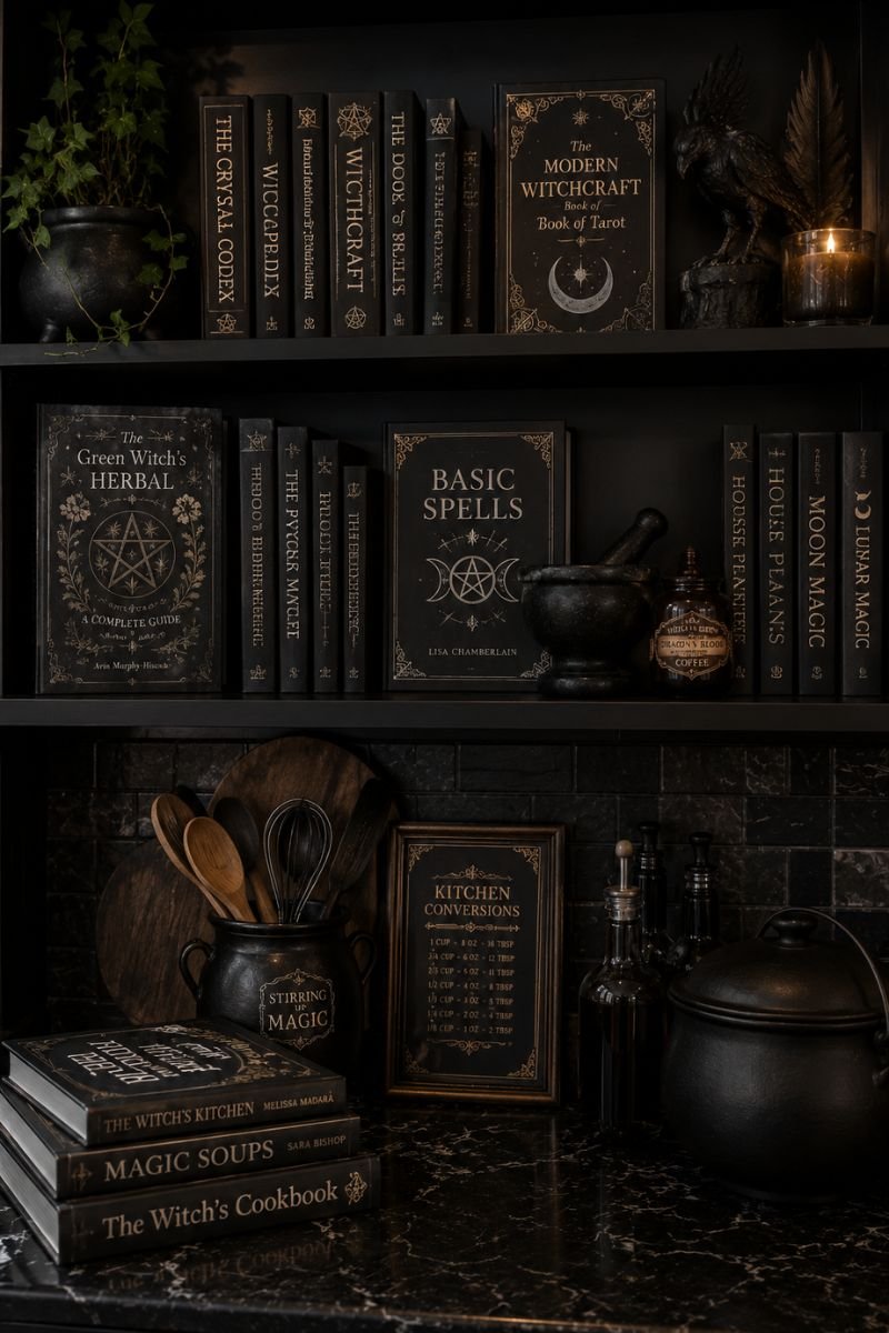 Witchy cookbooks and spellbooks displayed on dark kitchen shelf
