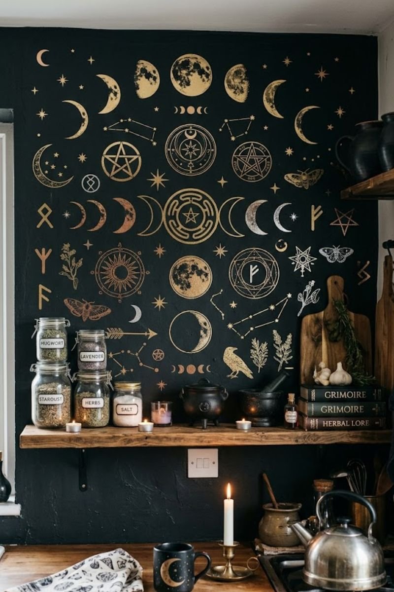 Witchy wall decals with moons and stars on dark kitchen wall