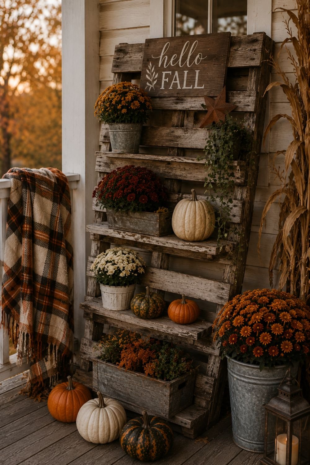 Wooden pallet display with fall decorations on farmhouse porch