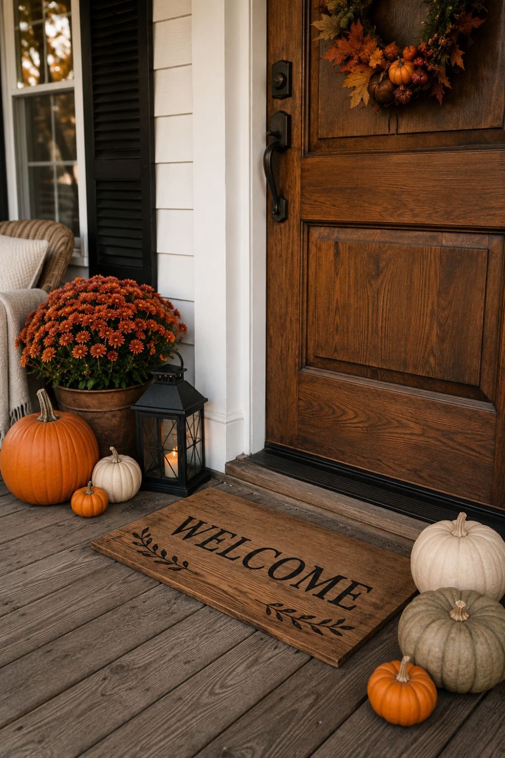 Wooden welcome mat at farmhouse porch entrance with fall decorations