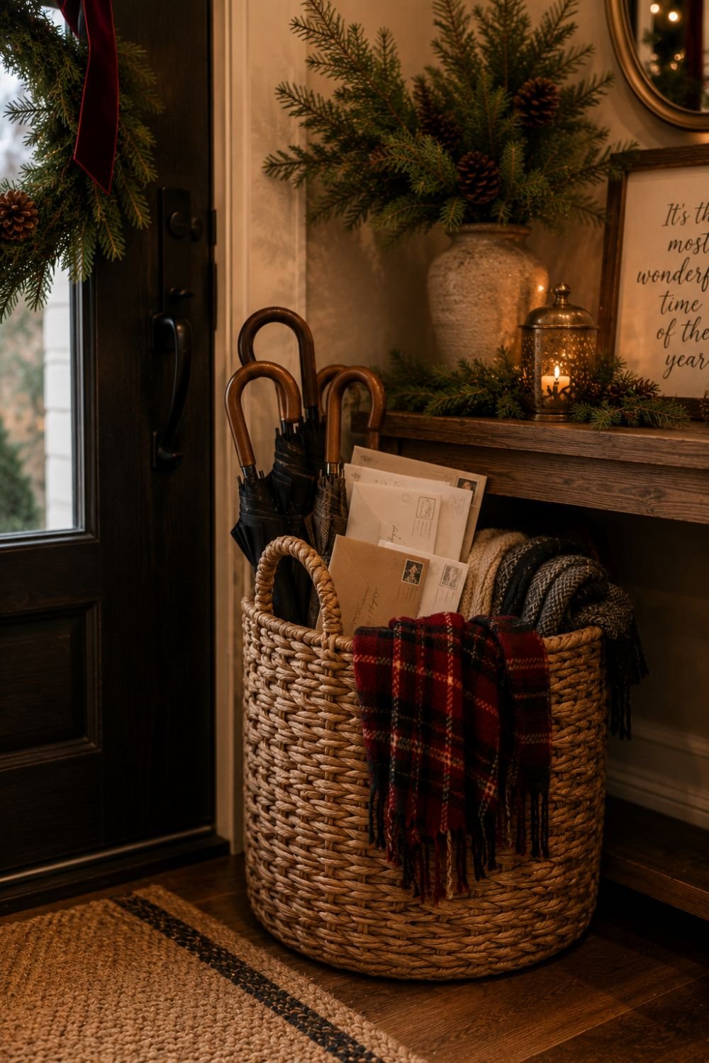 basket storage christmas entryway decor idea