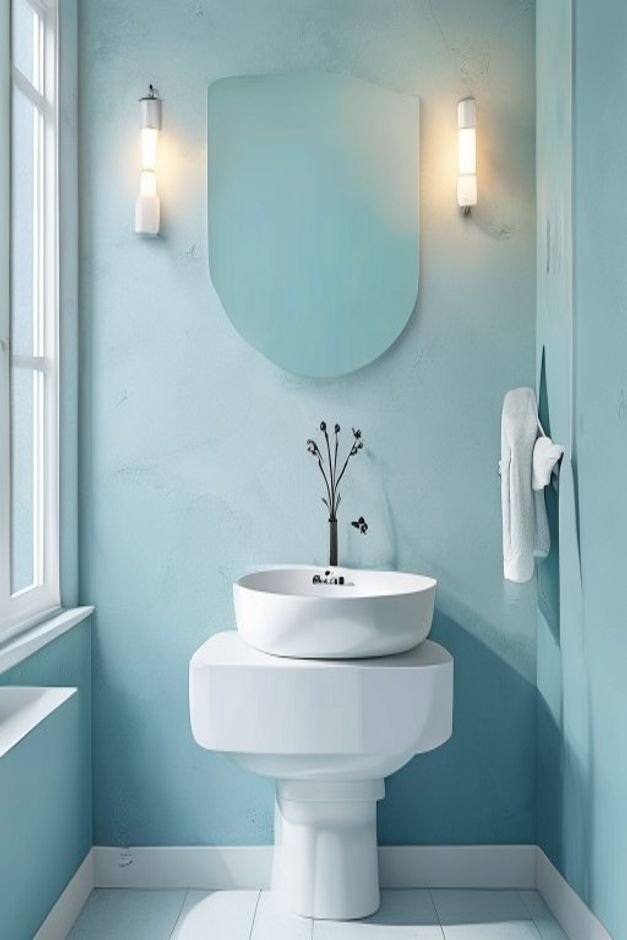 A bathroom wall painted in soft dusty blue with a white pedestal sink in front