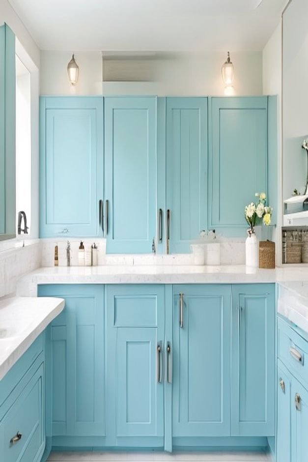 Light blue cabinet doors under a white countertop in a bathroom