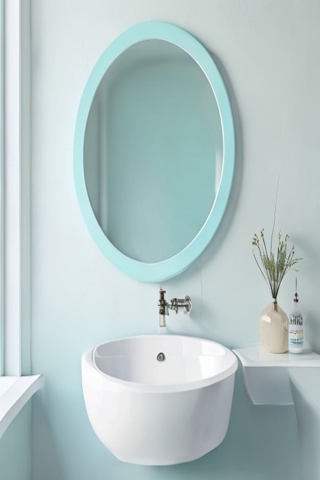A round bathroom mirror with a light blue frame above a white sink