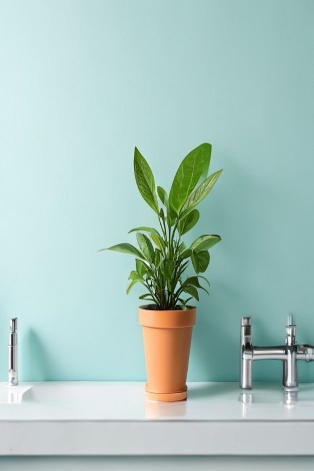 A small potted plant on a bathroom counter against a light blue wall
