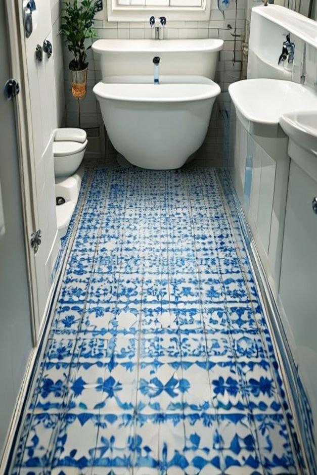 A bathroom floor with small blue and white patterned tile