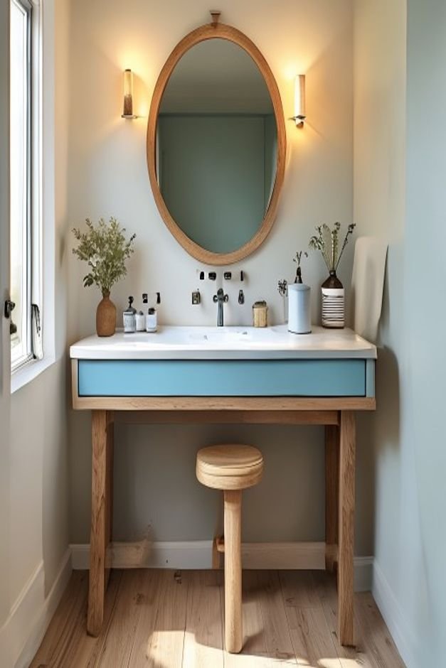 A blue bathroom vanity paired with a warm wood step stool and wood mirror frame