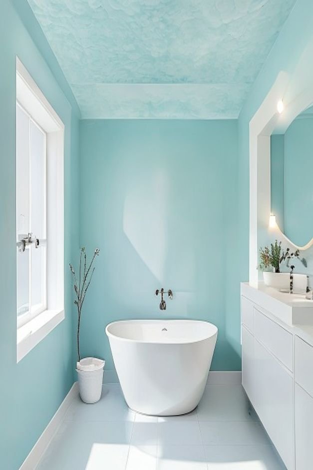 A bathroom with a soft powder blue ceiling and white walls