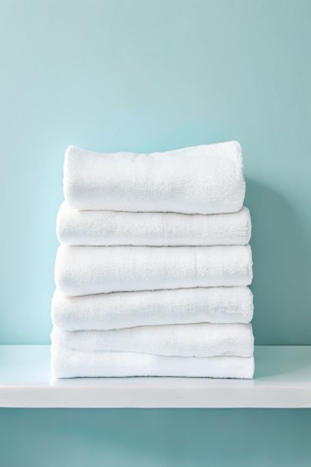 White folded towels stacked on a shelf against a light blue bathroom wall