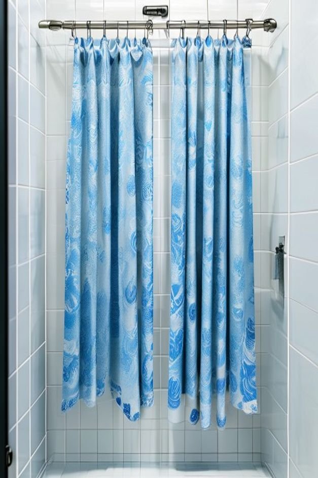 A blue patterned shower curtain hanging in front of a white tiled shower