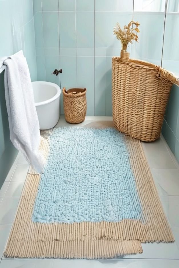 A woven bath mat and rattan basket in a light blue bathroom