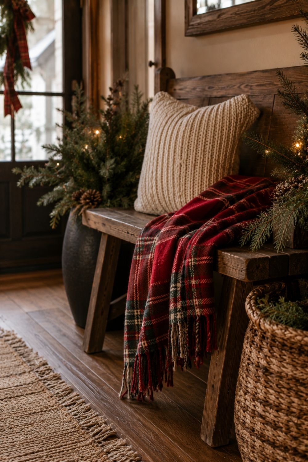 bench throw christmas entryway decor idea