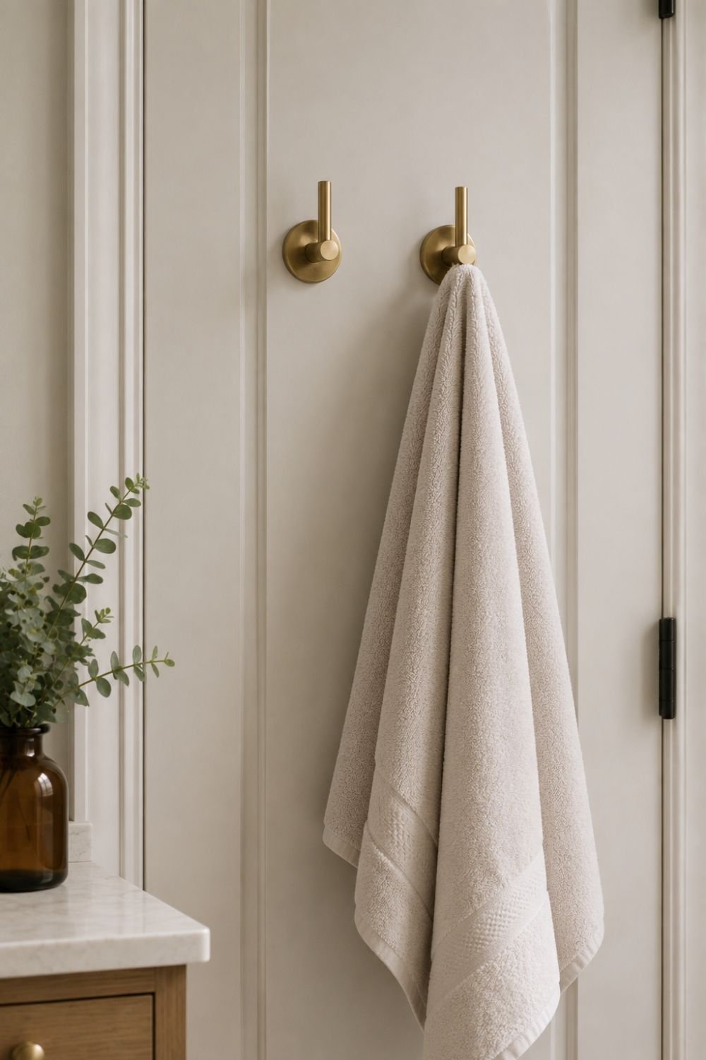 brass hooks on guest bathroom door