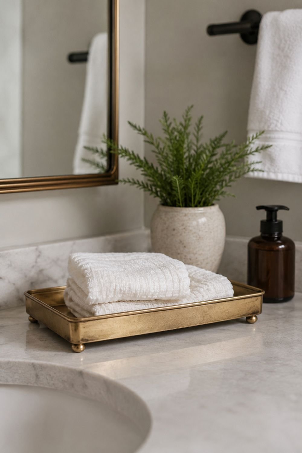 brass tray on bathroom counter