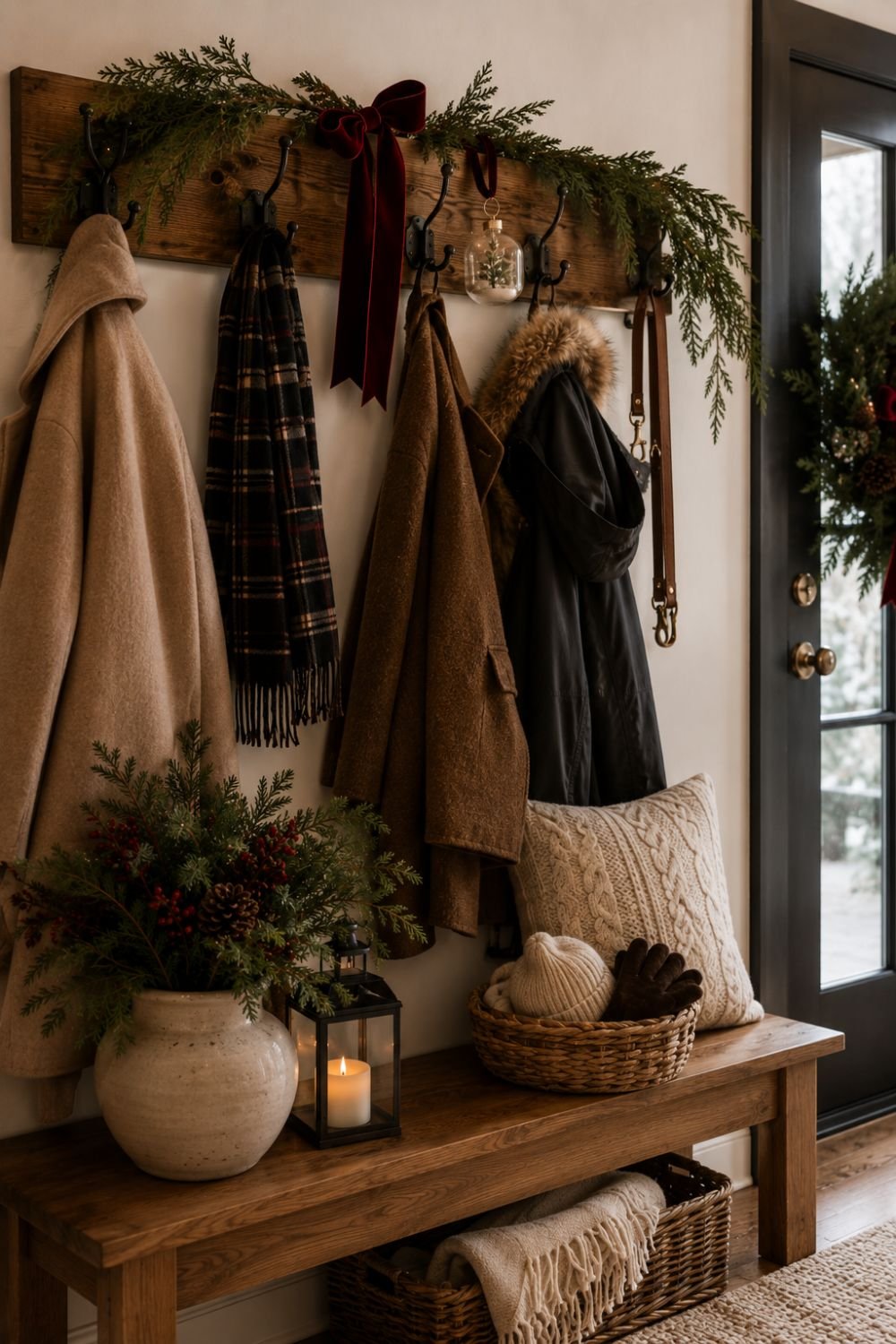 coat hook christmas entryway decor idea