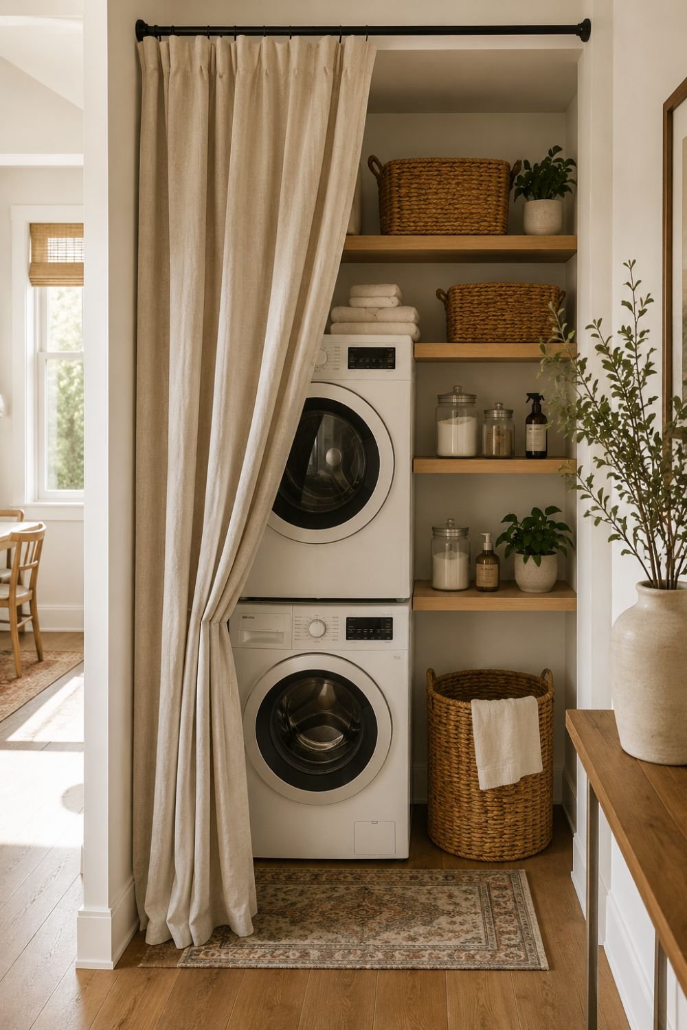 curtain door tiny laundry closet idea