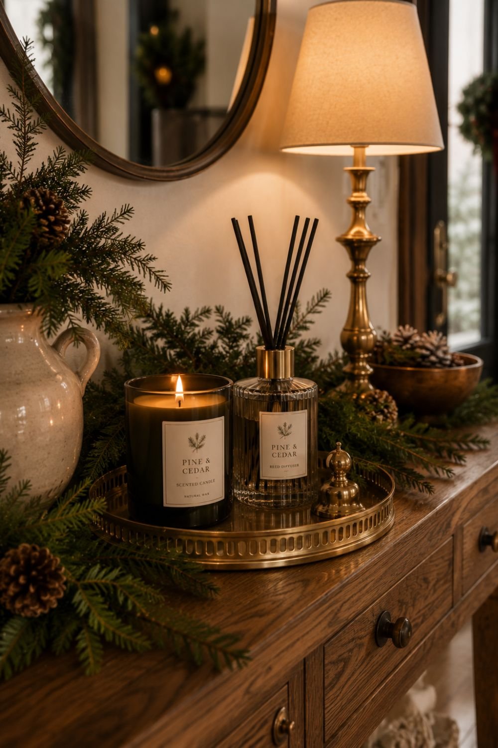 scented candle christmas entryway decor idea