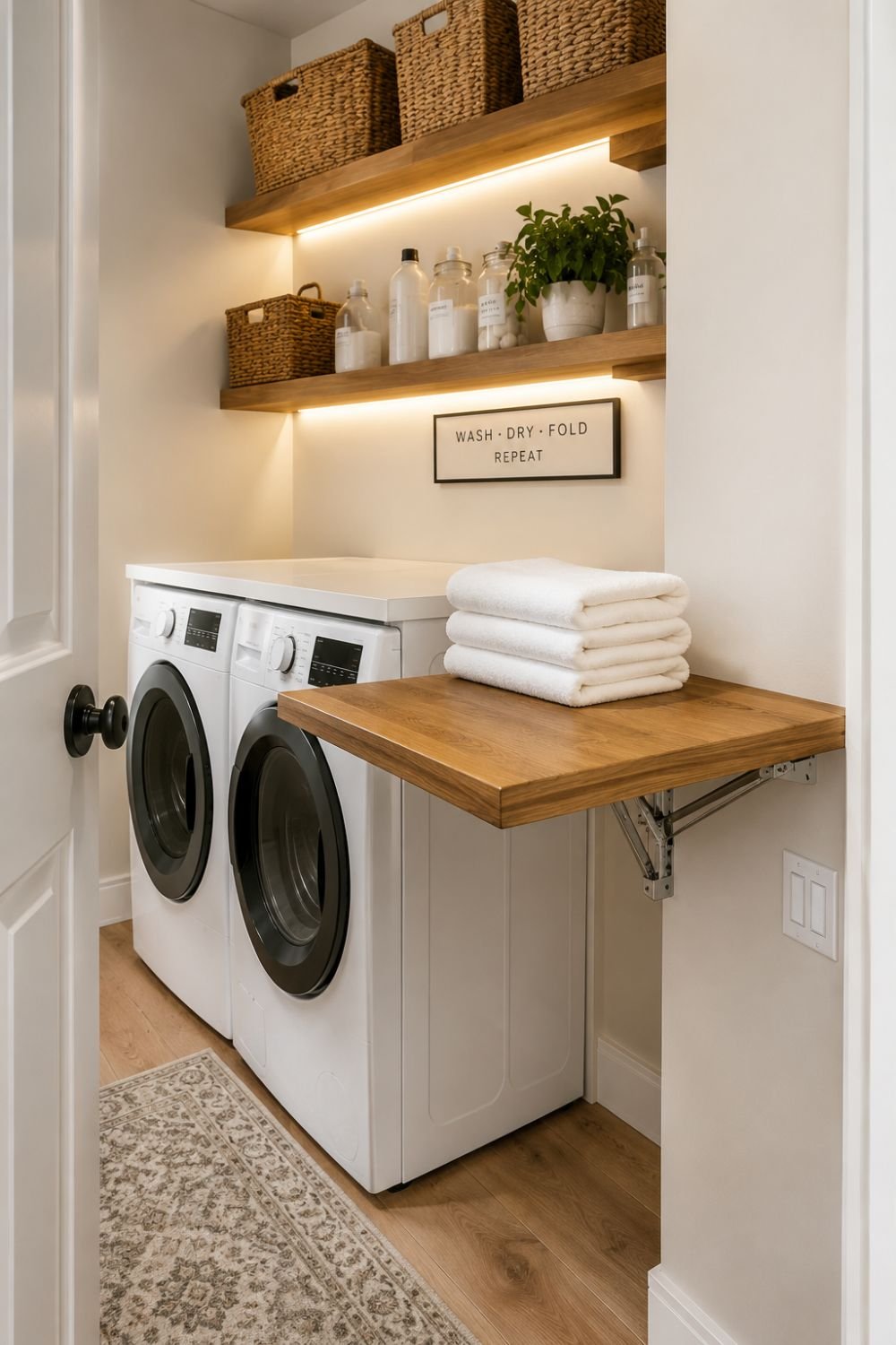 fold-down table tiny laundry closet idea