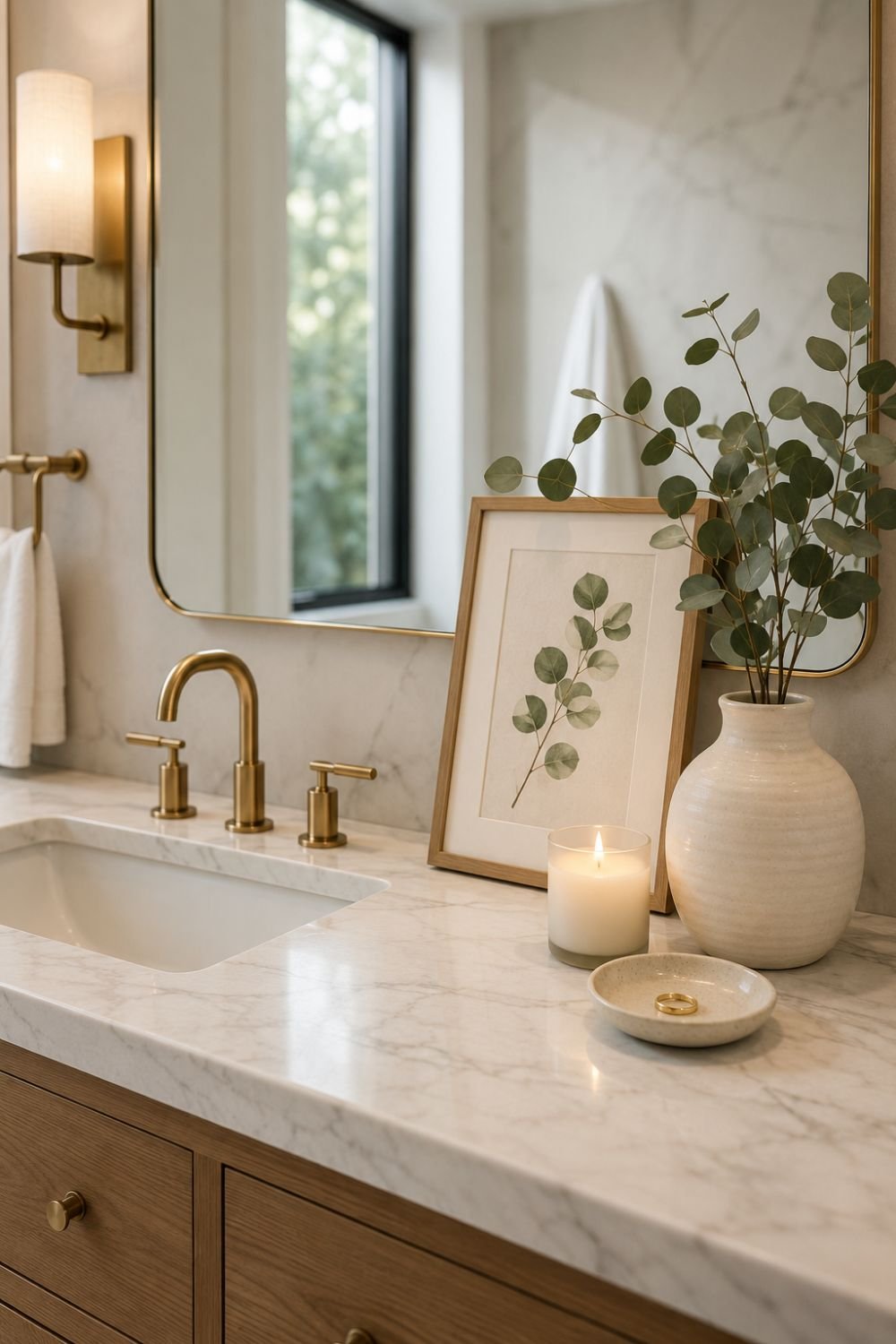framed art bathroom counter decor idea