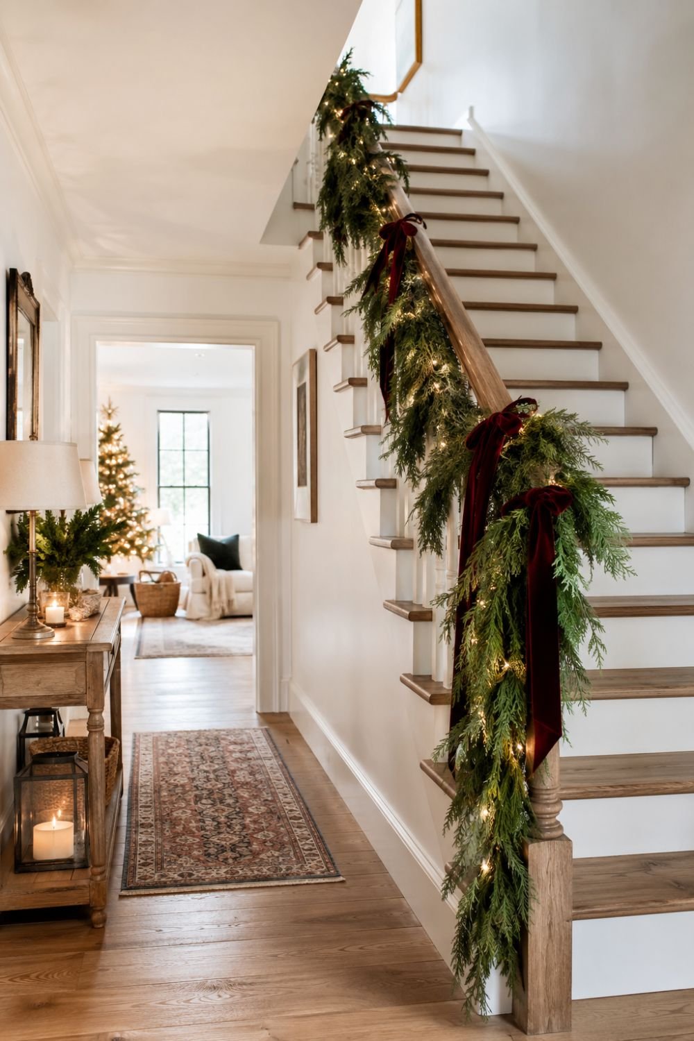 garland staircase christmas entryway decor idea