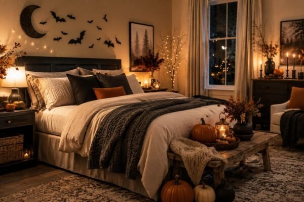 halloween bedroom decor ideas with pumpkin and candles