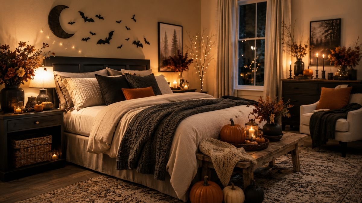 halloween bedroom decor ideas with pumpkin and candles