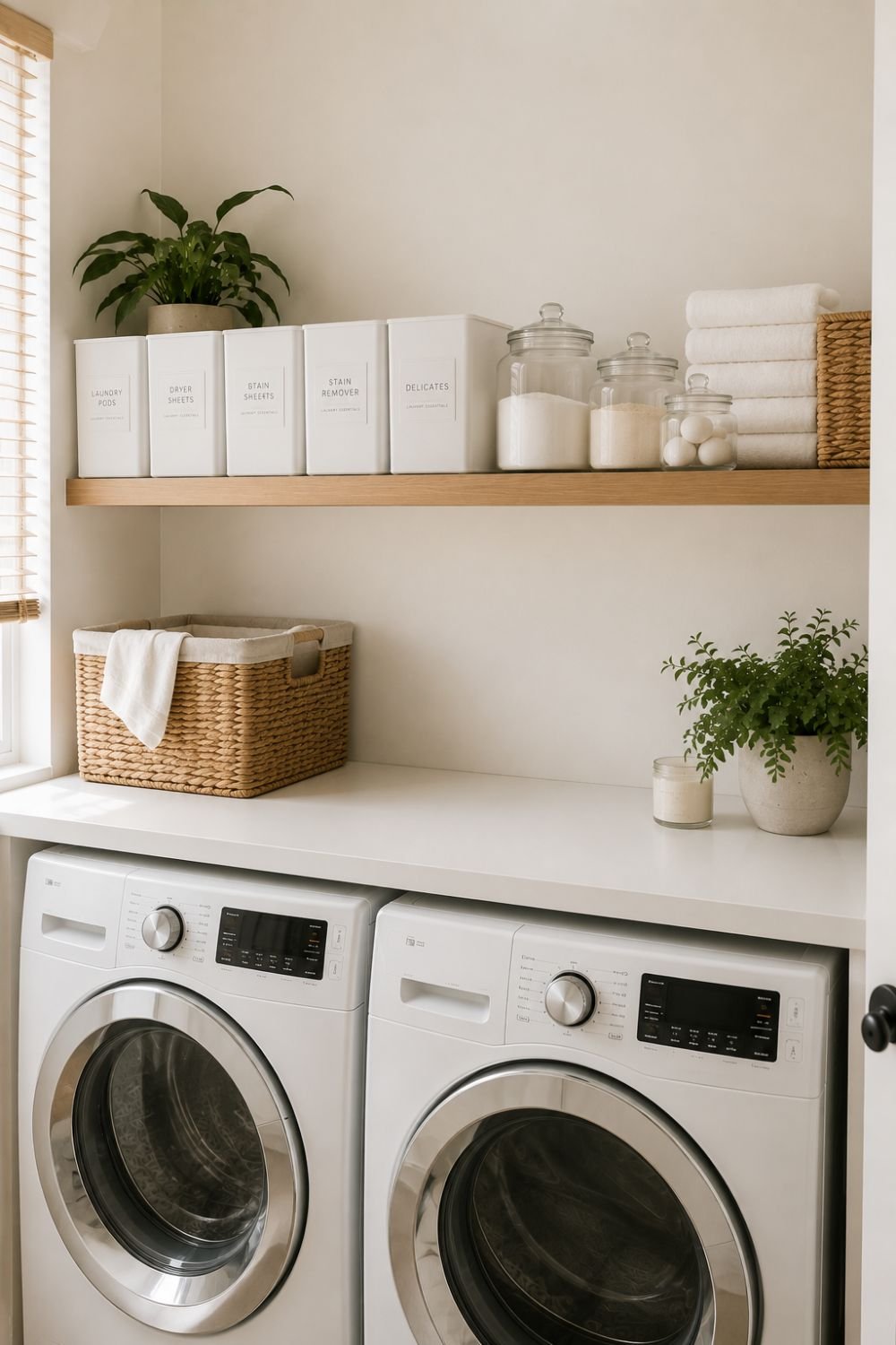 labeled bins tiny laundry closet idea