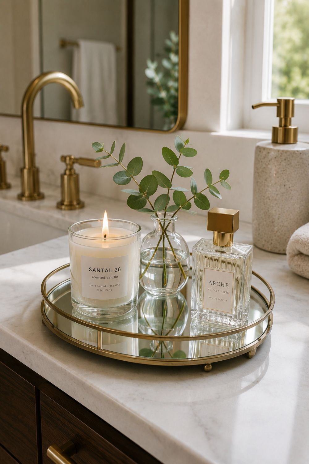 mirror tray bathroom counter decor idea