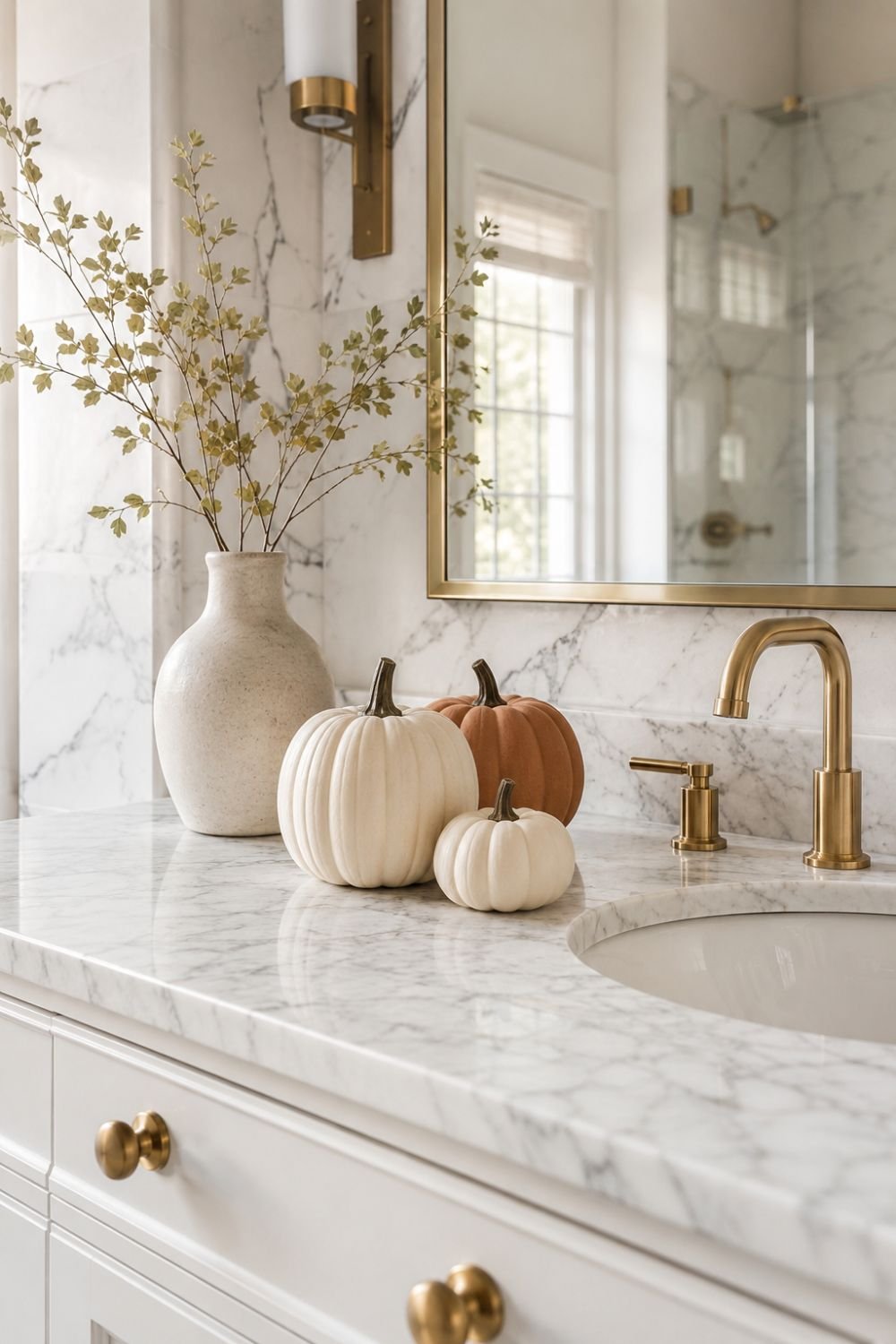 neutral pumpkins bathroom decor idea