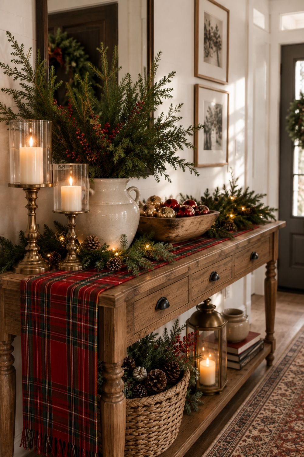 plaid runner christmas entryway decor idea