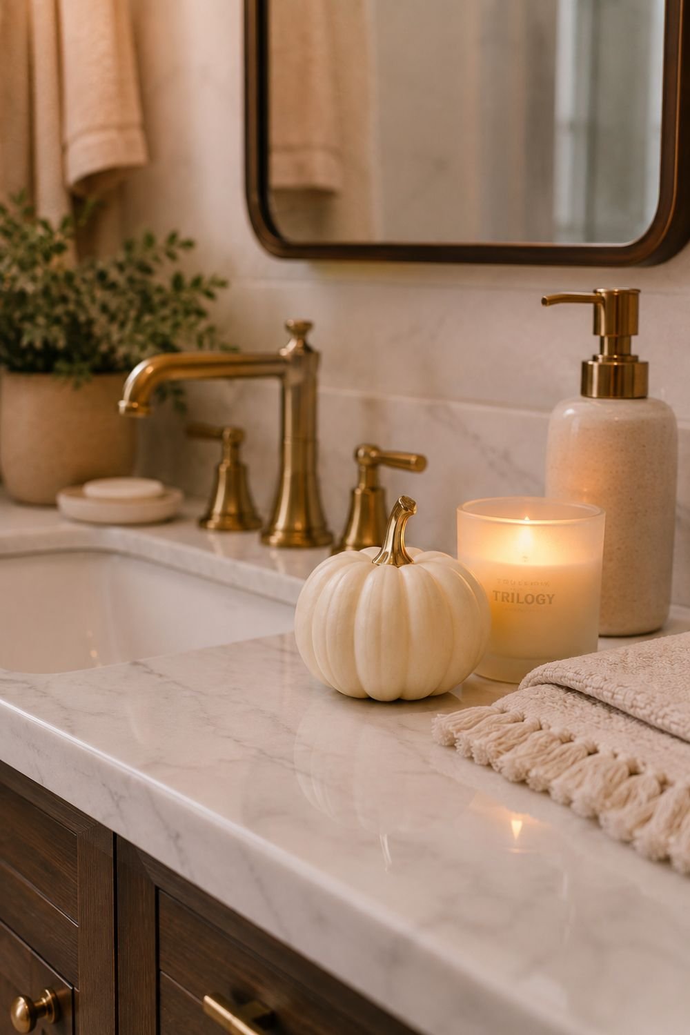 pumpkin and candle bathroom decor idea