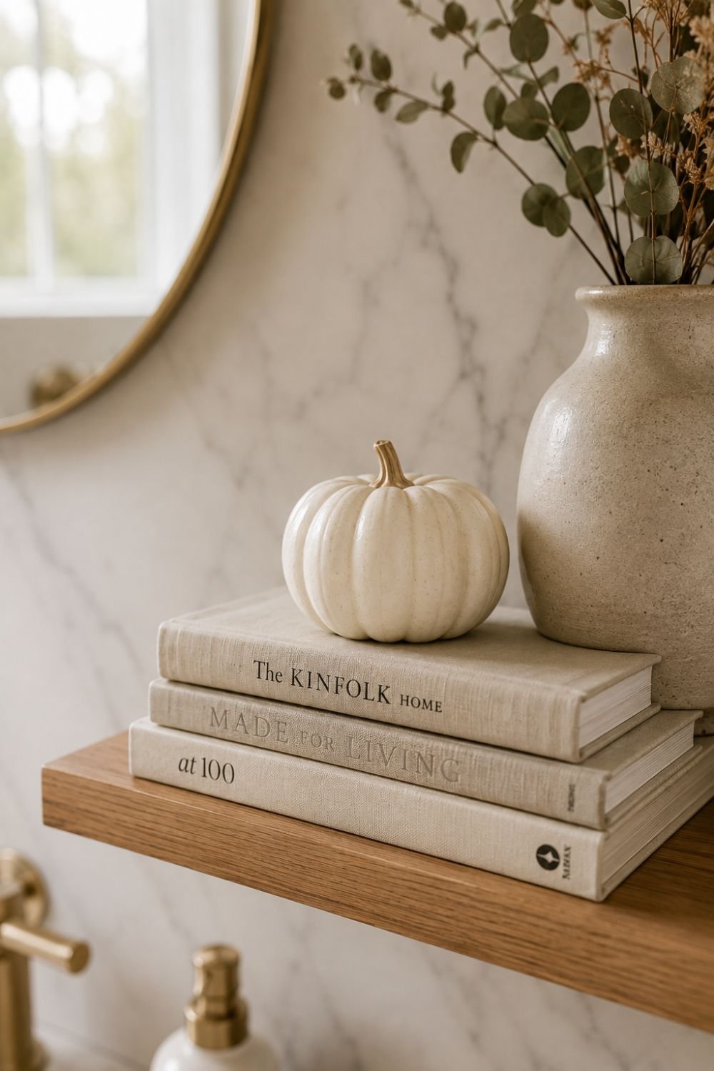 pumpkin on books bathroom decor idea