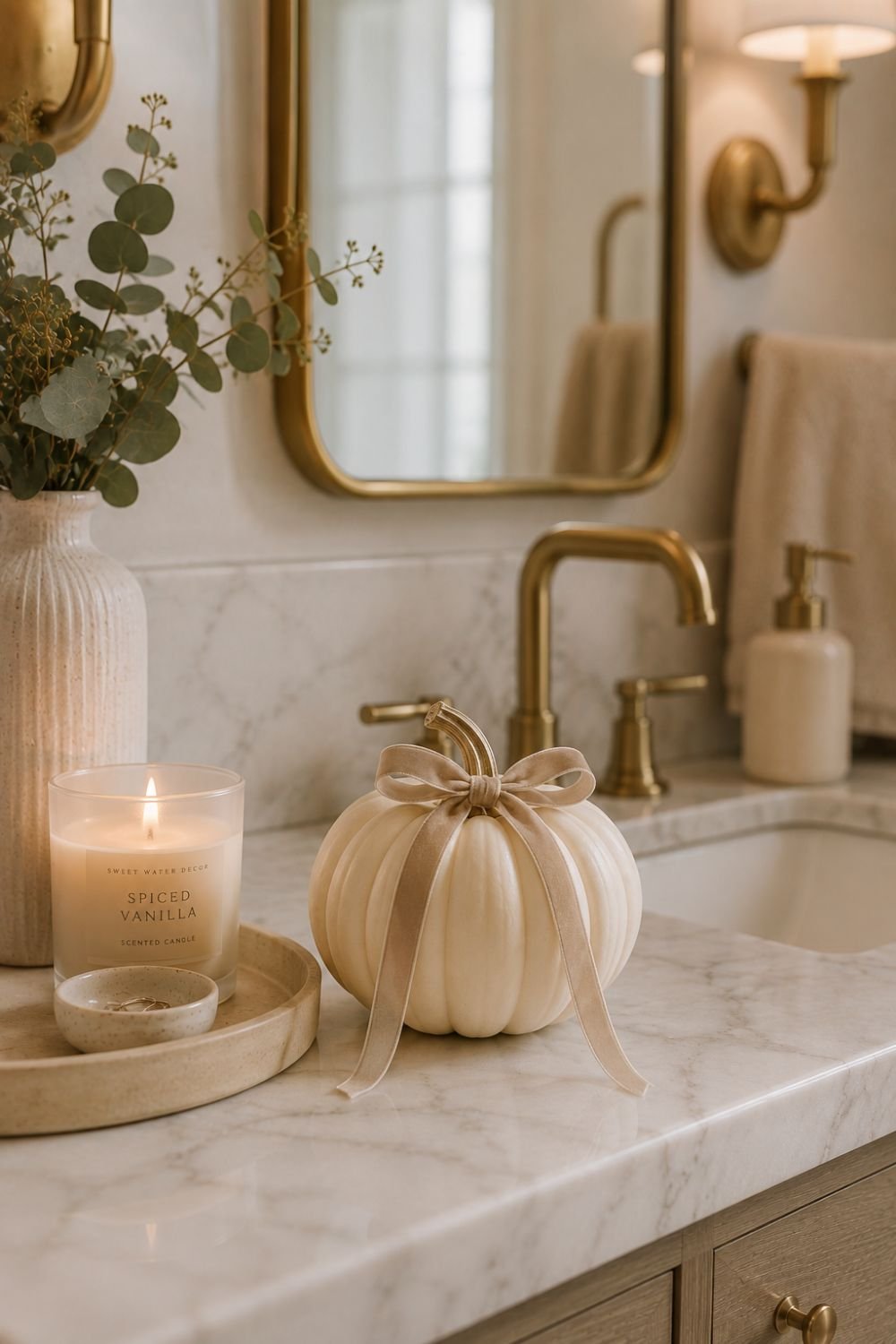 ribbon pumpkin bathroom decor idea