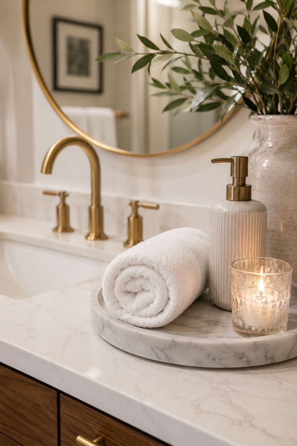 rolled towel bathroom counter decor idea