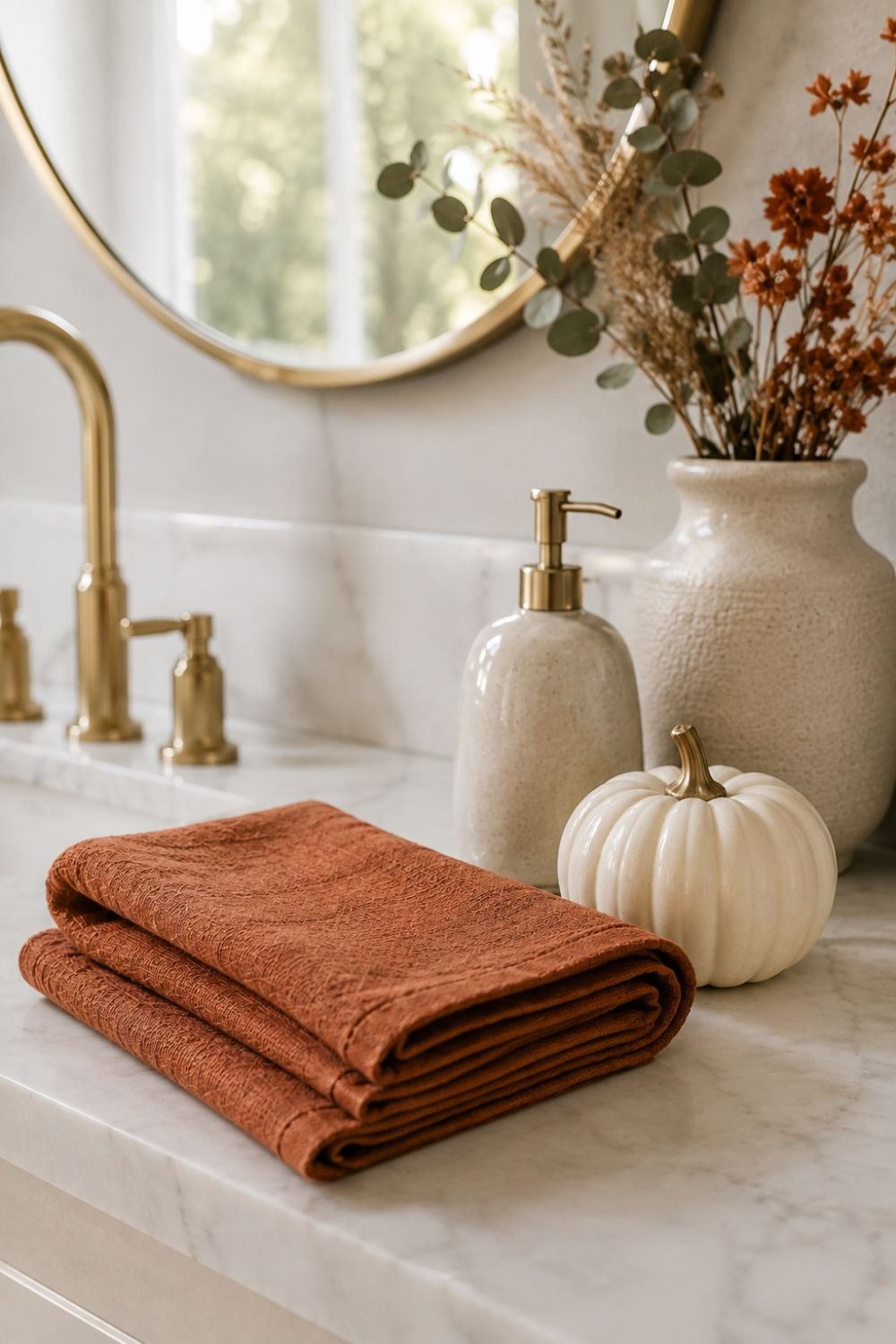 rust towel pumpkin bathroom decor idea